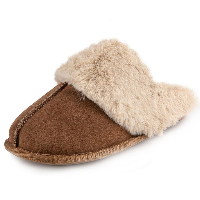 Isotoner Ladies Real Suede Mule with Fur Cuff Tan Extra Image 2